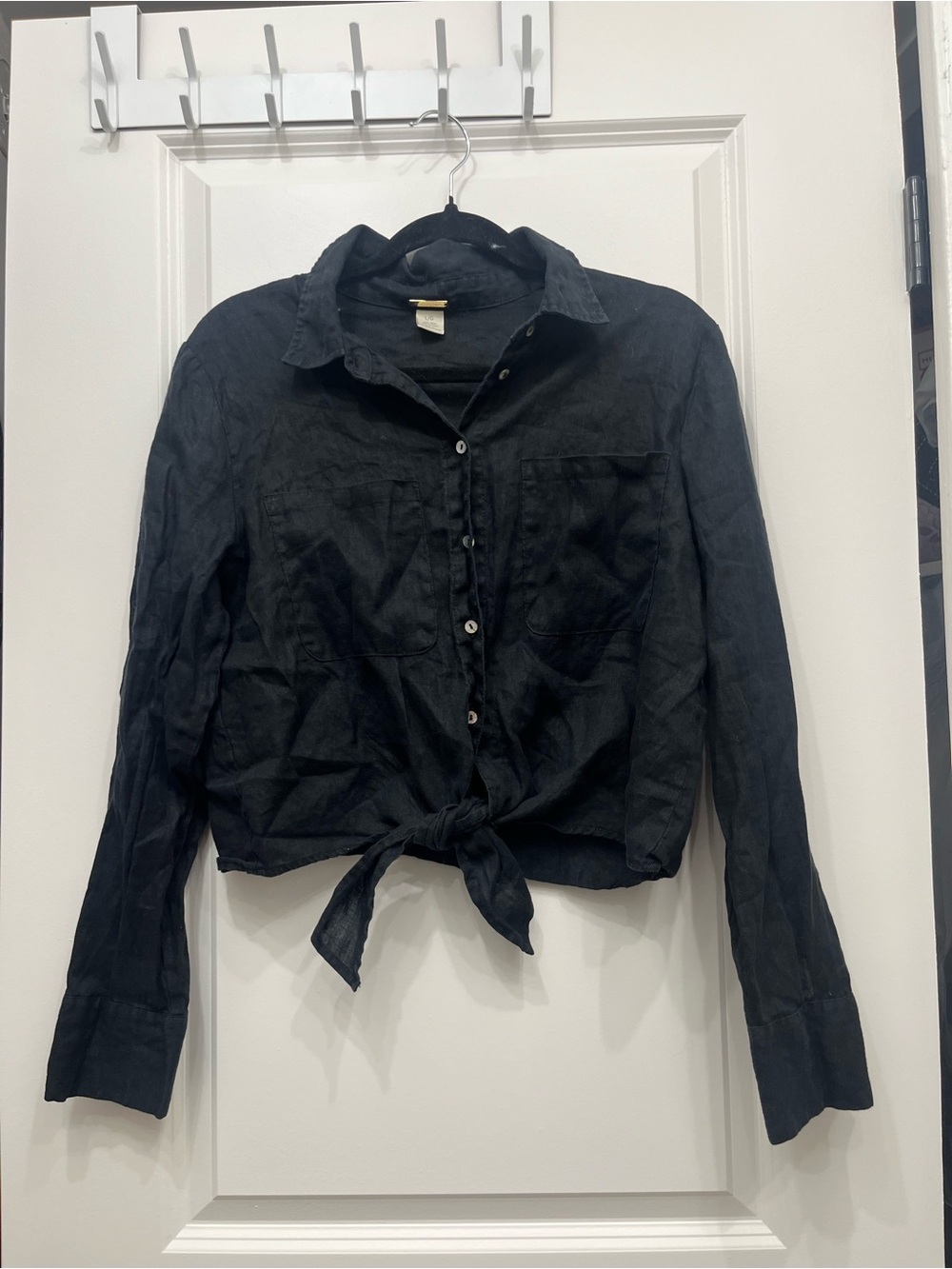 Magaschoni 100% Linen Black Tie-Front Button-Up Shirt Large